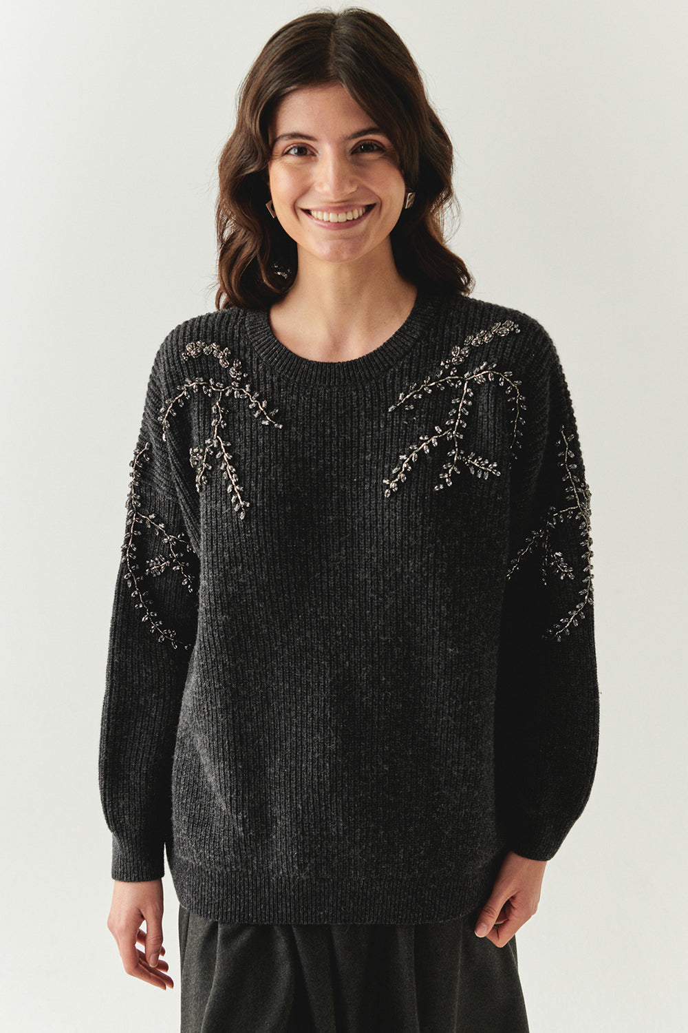 Grace Crew Neck Long Sleeve Sweater with Beaded Sleeves