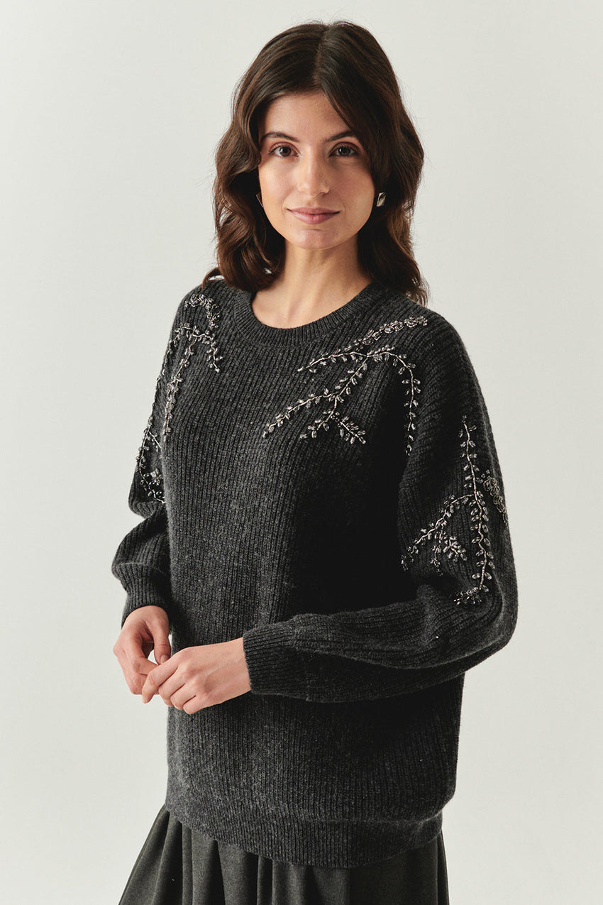 Grace Crew Neck Long Sleeve Sweater with Beaded Sleeves