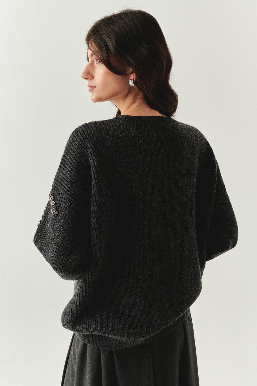 Grace Crew Neck Long Sleeve Sweater with Beaded Sleeves