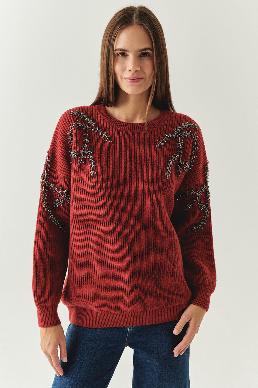 Grace Crew Neck Long Sleeve Sweater with Beaded Sleeves