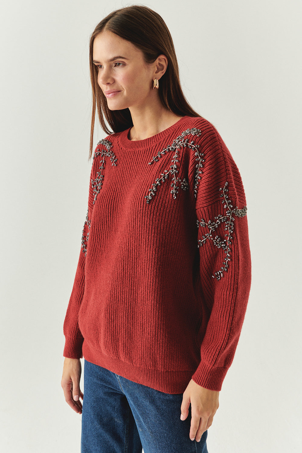 Grace Crew Neck Long Sleeve Sweater with Beaded Sleeves