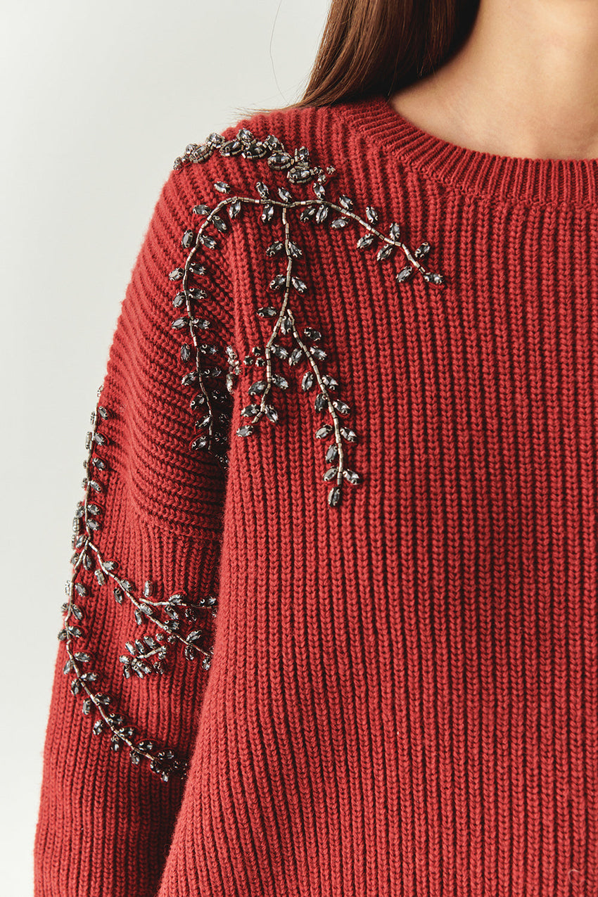 Grace Crew Neck Long Sleeve Sweater with Beaded Sleeves