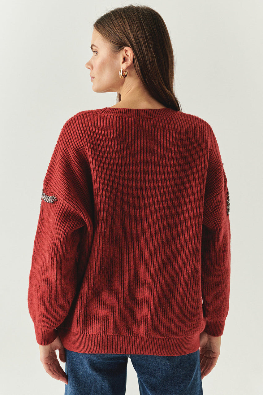 Grace Crew Neck Long Sleeve Sweater with Beaded Sleeves