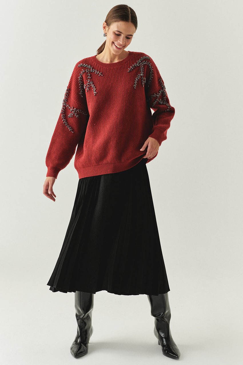 Grace Crew Neck Long Sleeve Sweater with Beaded Sleeves