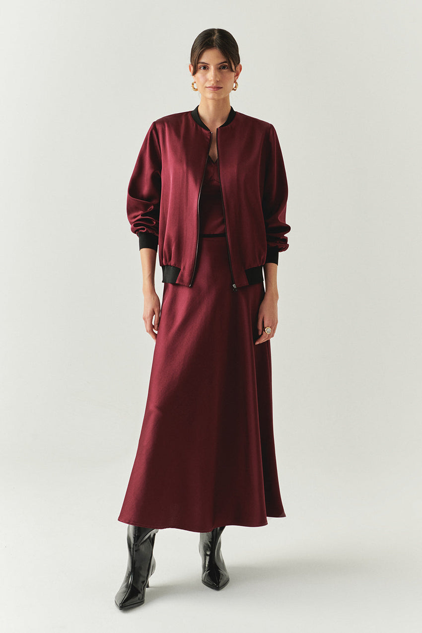 Lacey Satin Bomber-Style Crew Neck Jacket with Pockets