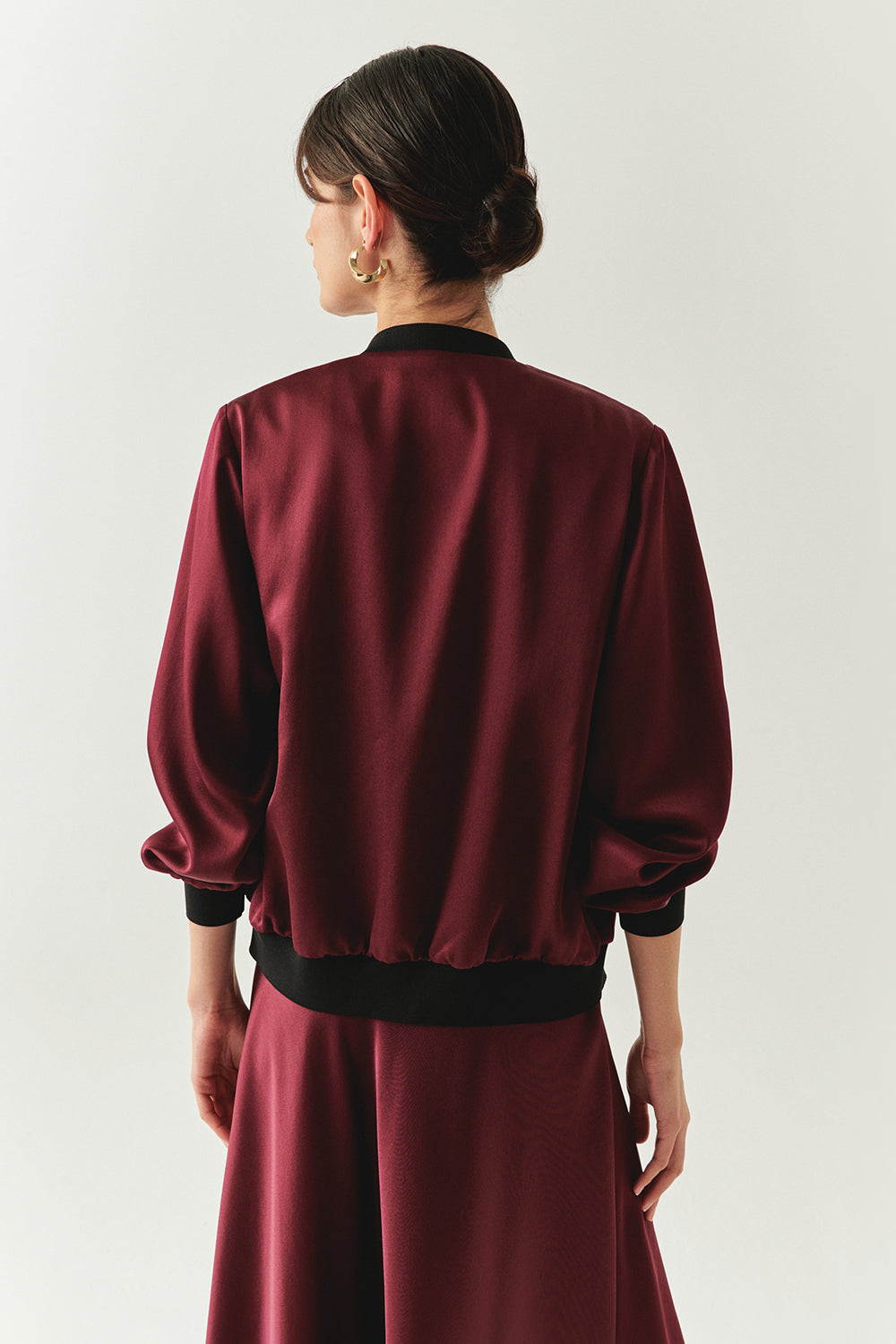 Lacey Satin Bomber-Style Crew Neck Jacket with Pockets