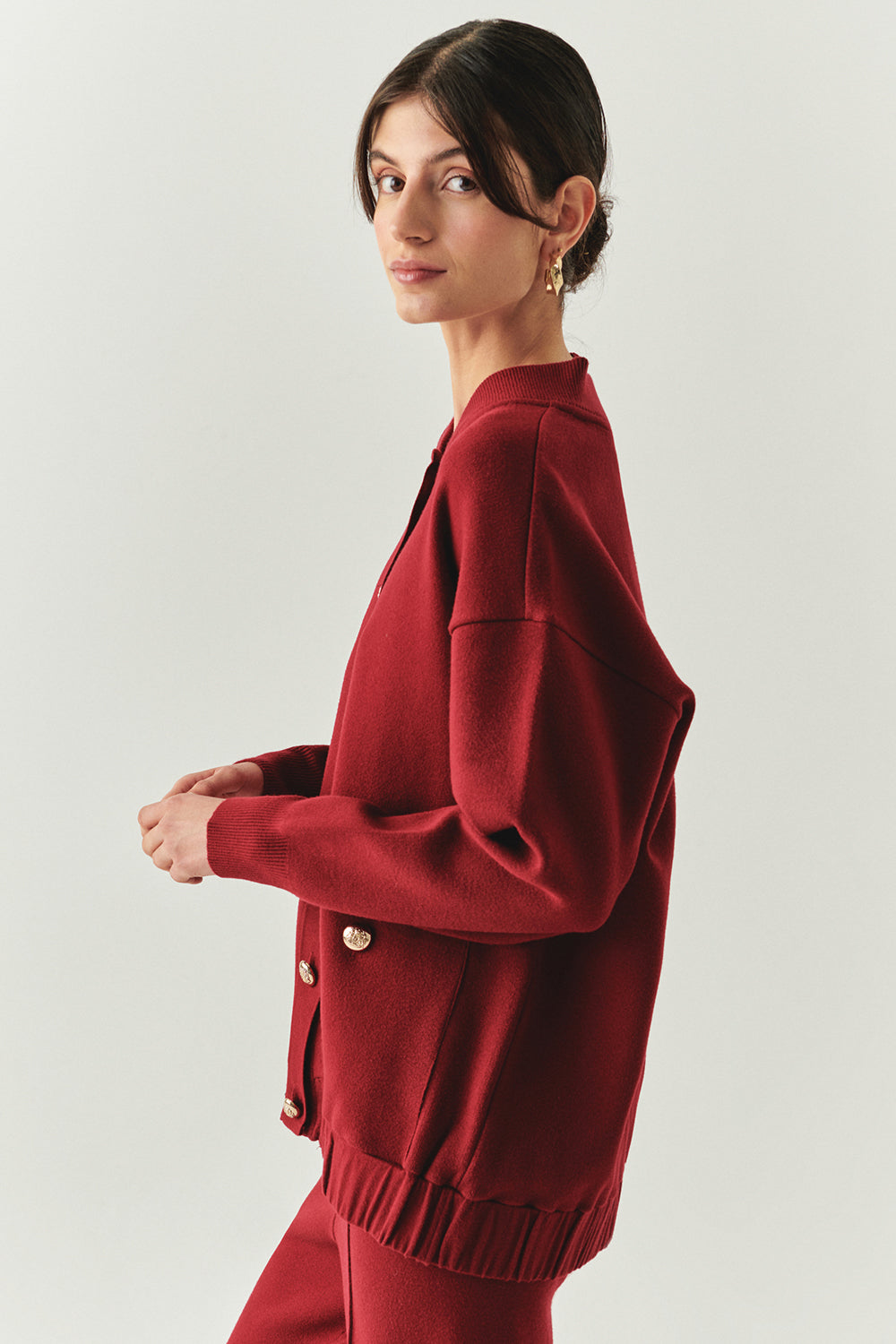 Barbara High Neck Cardigan with Metallic Buttons