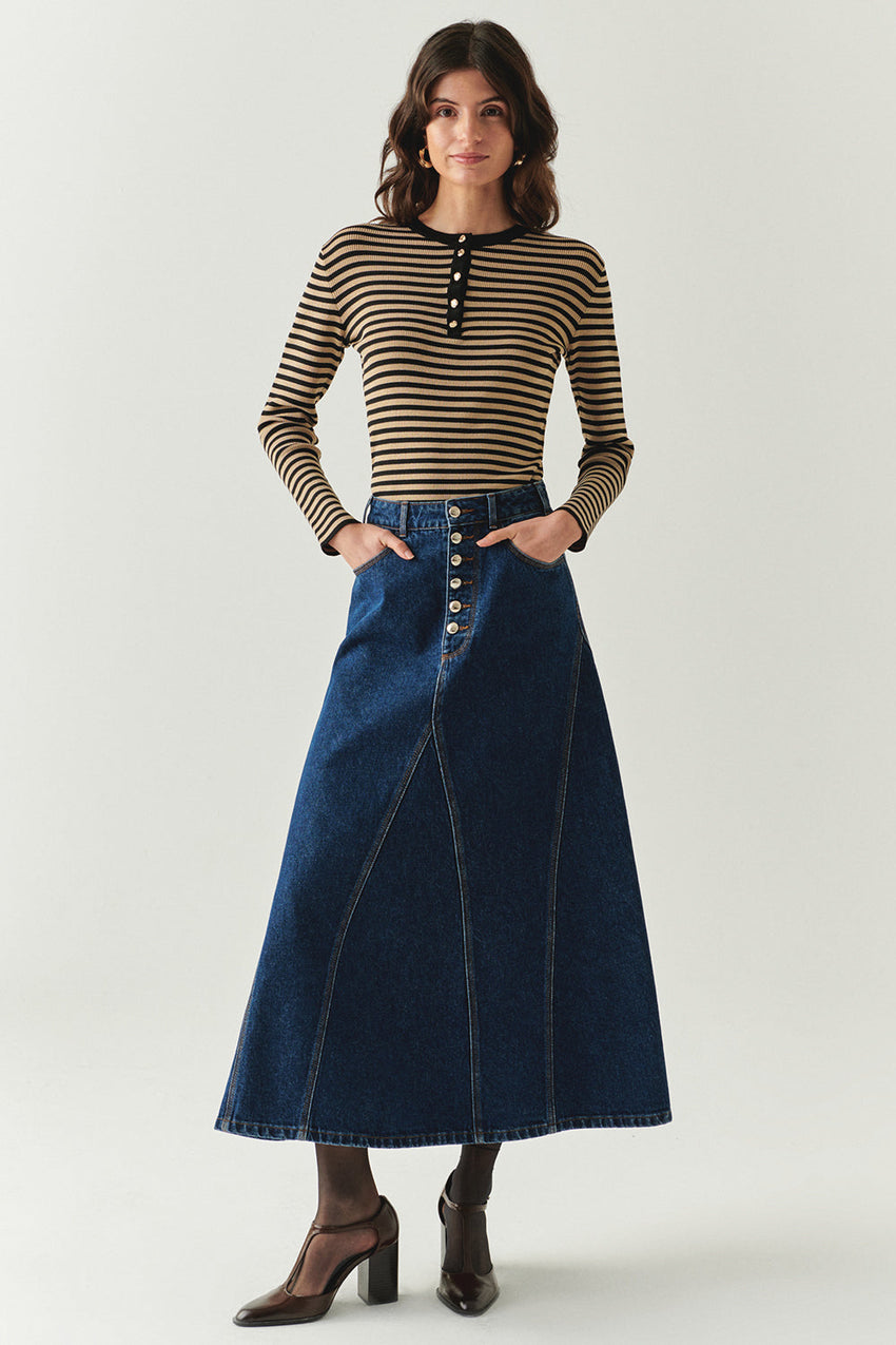 Araya Indigo Denim Maxi Skirt with Pockets
