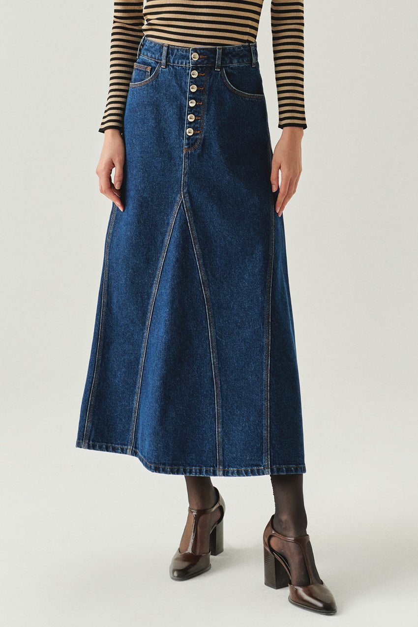 Araya Indigo Denim Maxi Skirt with Pockets