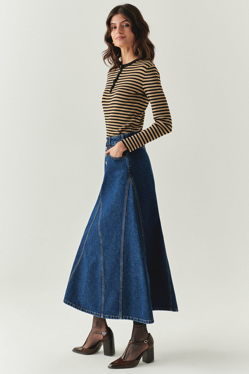 Araya Indigo Denim Maxi Skirt with Pockets
