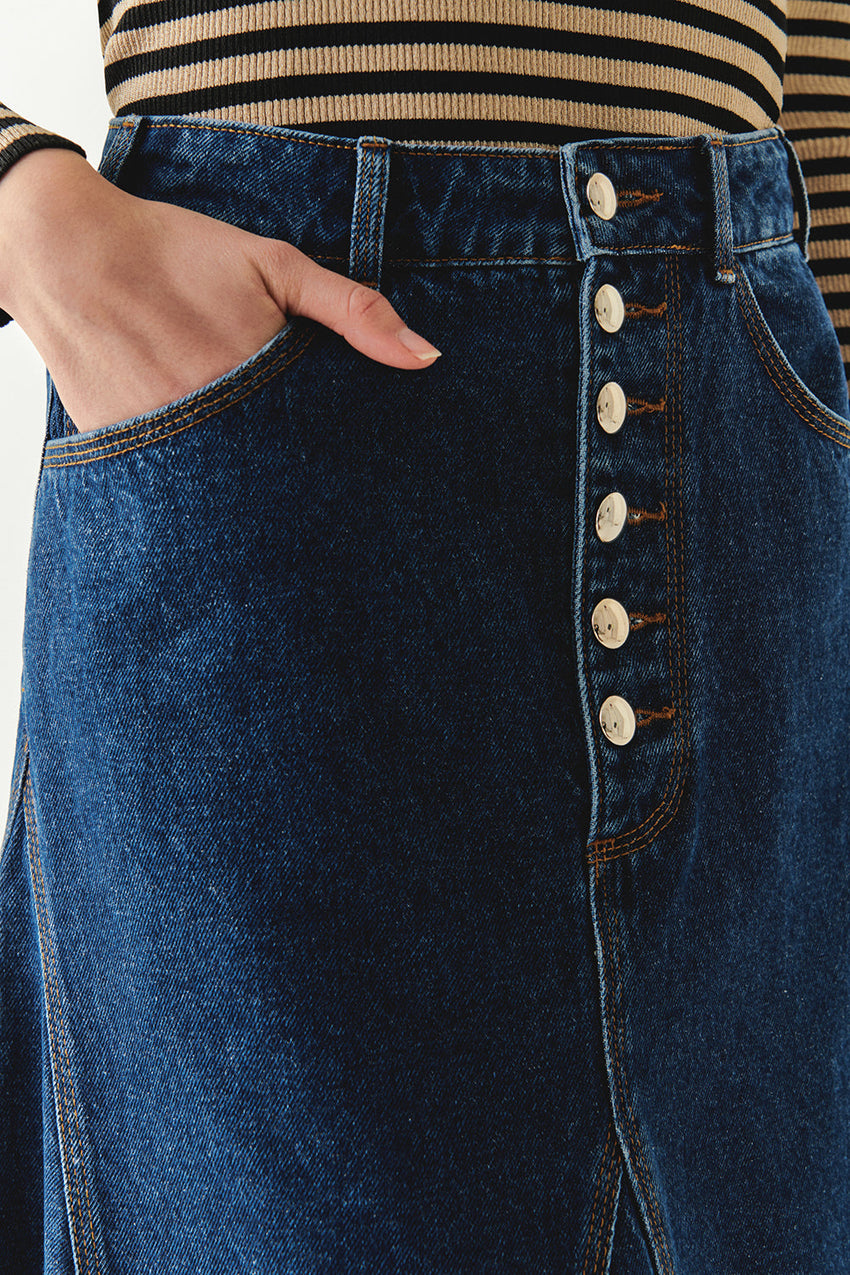 Araya Indigo Denim Maxi Skirt with Pockets