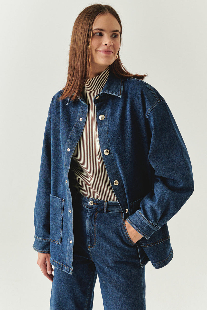 Salma Indigo Denim Shirt Collar Jacket with Pockets