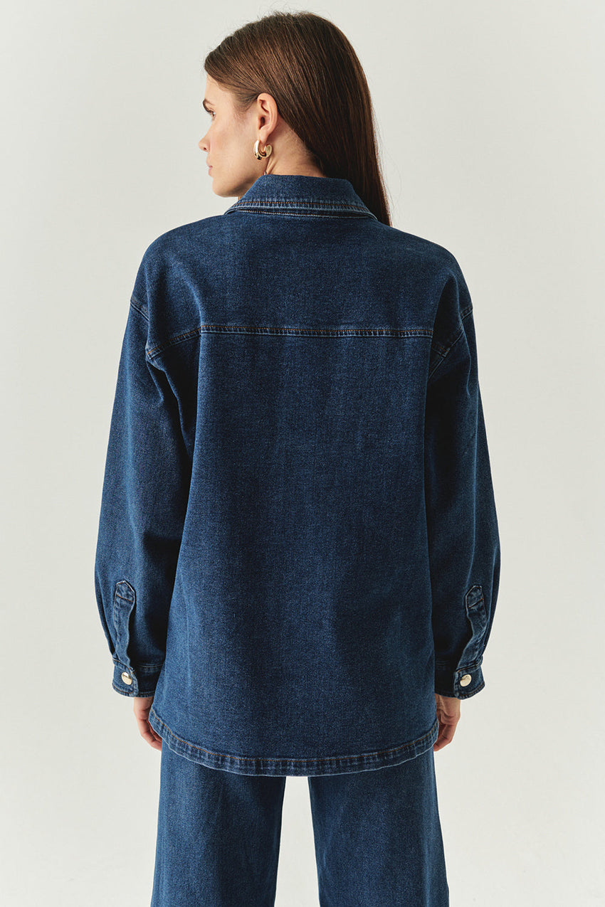 Salma Indigo Denim Shirt Collar Jacket with Pockets