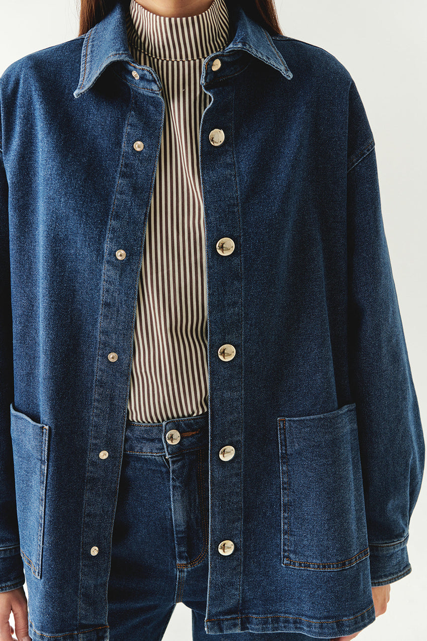Salma Indigo Denim Shirt Collar Jacket with Pockets