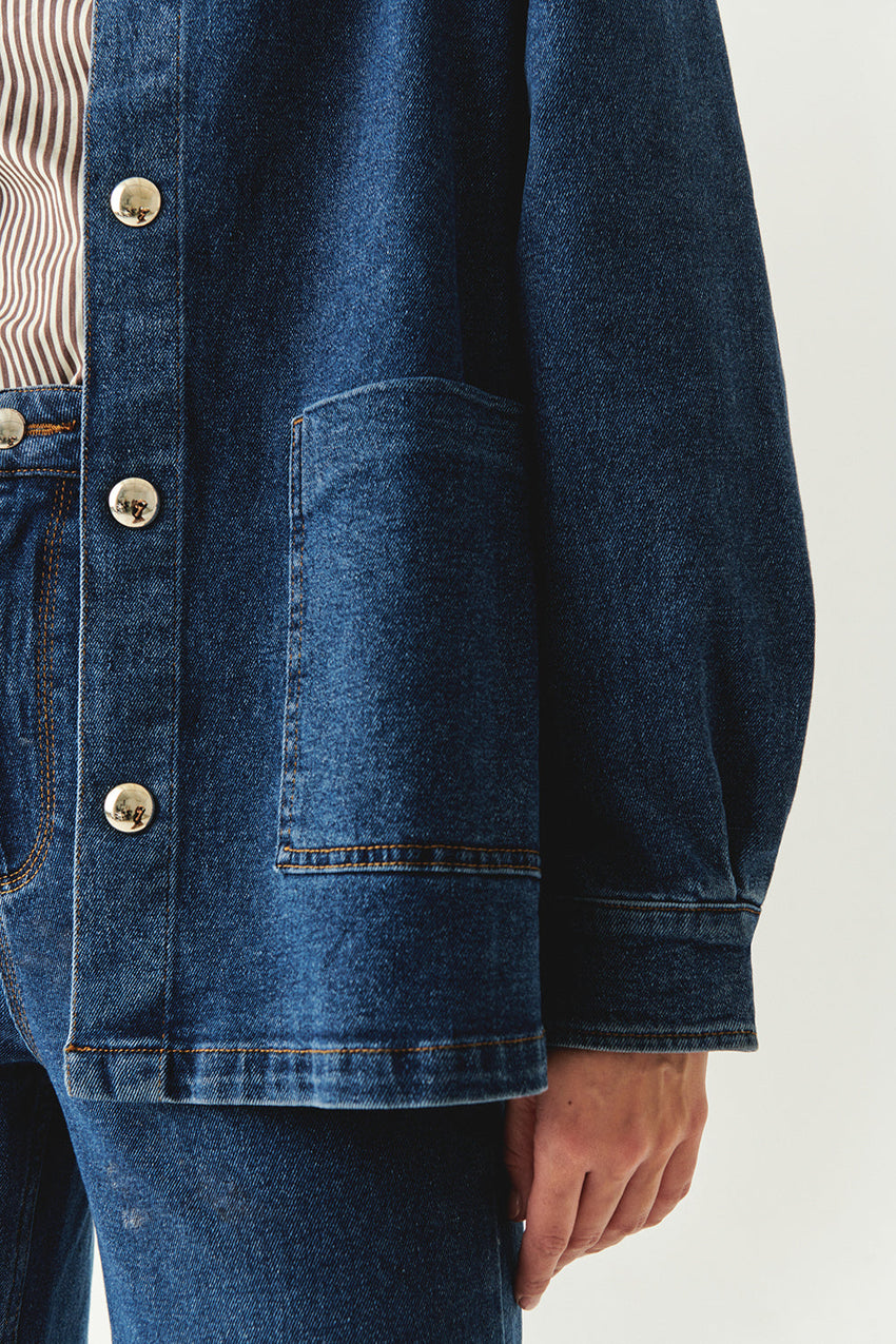 Salma Indigo Denim Shirt Collar Jacket with Pockets