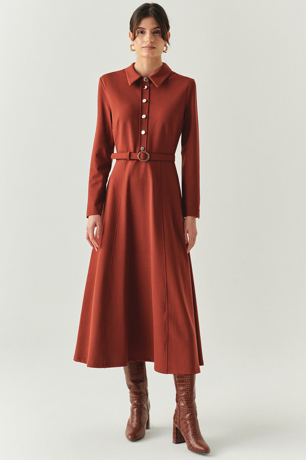 Georgina Long Sleeve Shirt Collar Knit Dress with Pockets