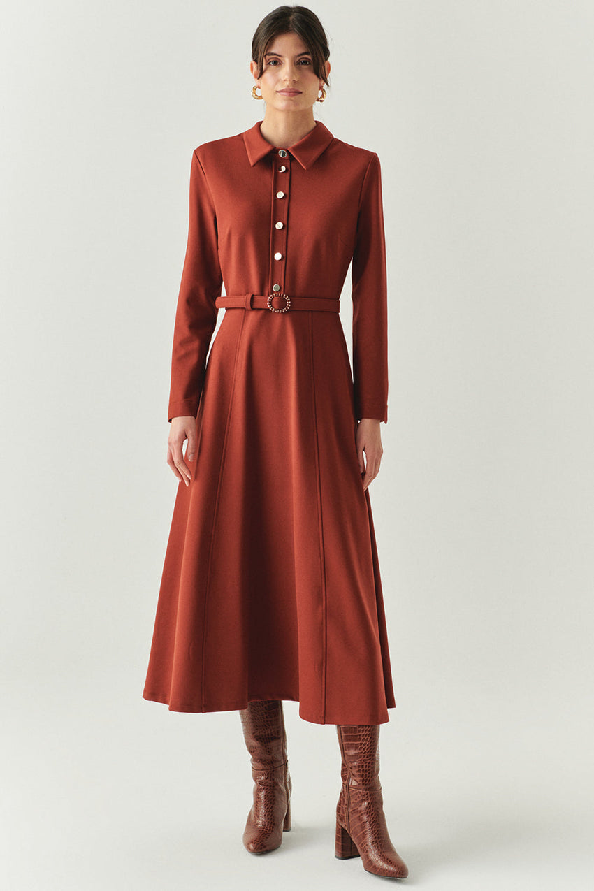 Georgina Long Sleeve Shirt Collar Knit Dress with Pockets