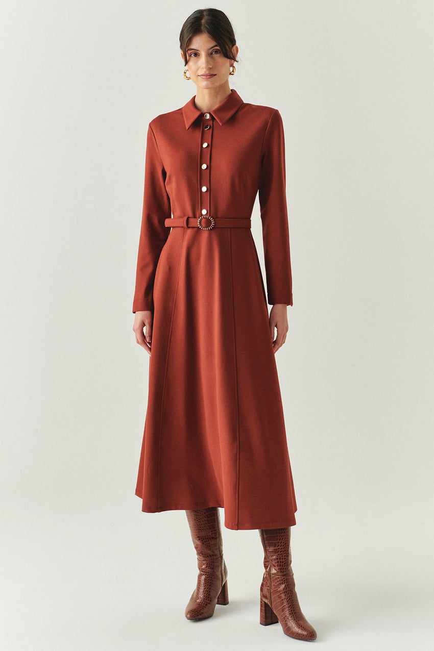 Georgina Long Sleeve Shirt Collar Knit Dress with Pockets