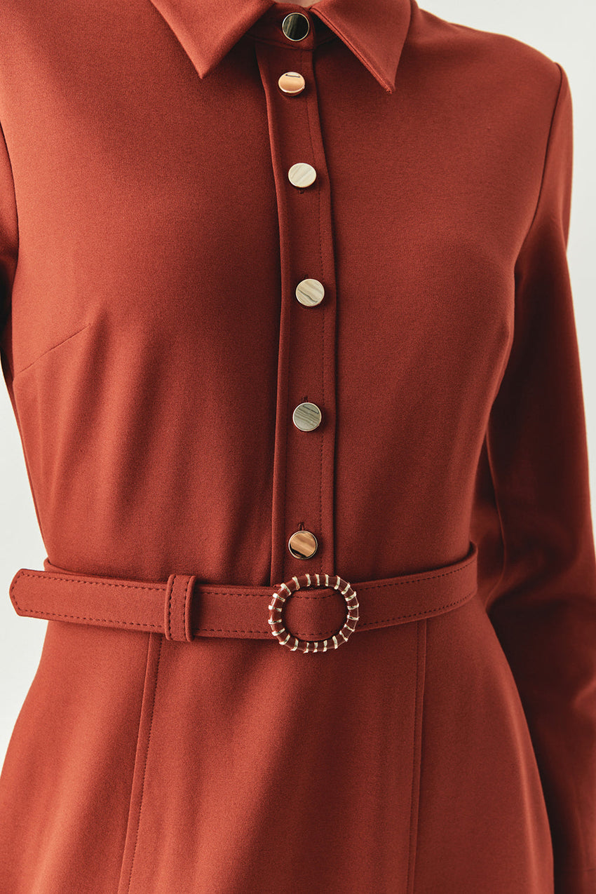Georgina Long Sleeve Shirt Collar Knit Dress with Pockets