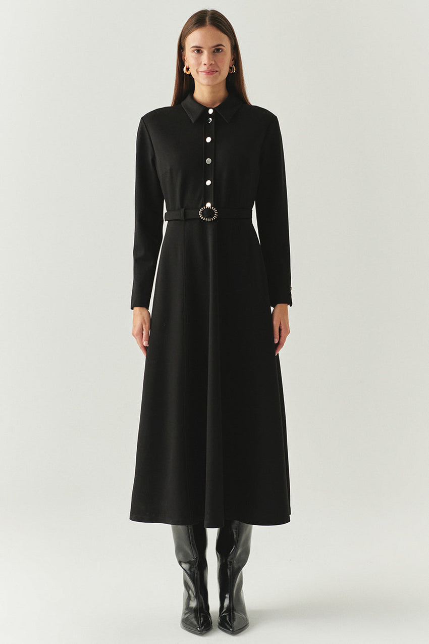 Georgina Long Sleeve Shirt Collar Knit Dress with Pockets