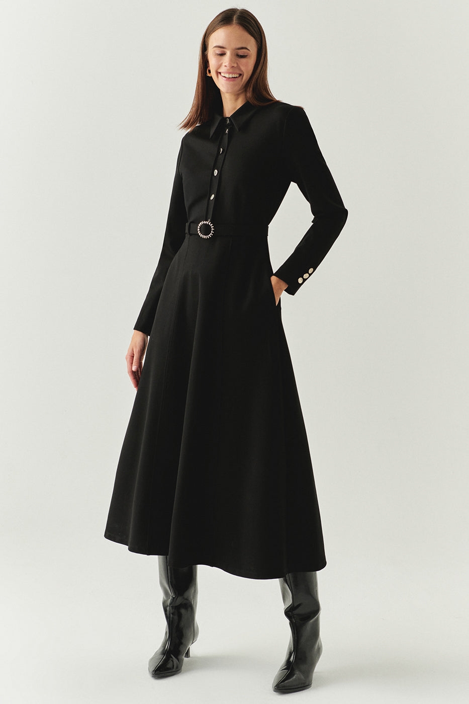 Georgina Long Sleeve Shirt Collar Knit Dress with Pockets