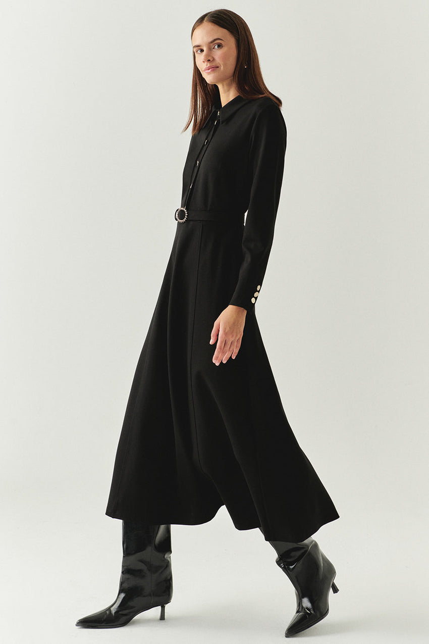 Georgina Long Sleeve Shirt Collar Knit Dress with Pockets