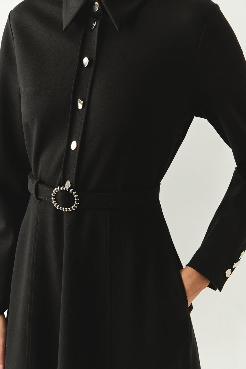 Georgina Long Sleeve Shirt Collar Knit Dress with Pockets
