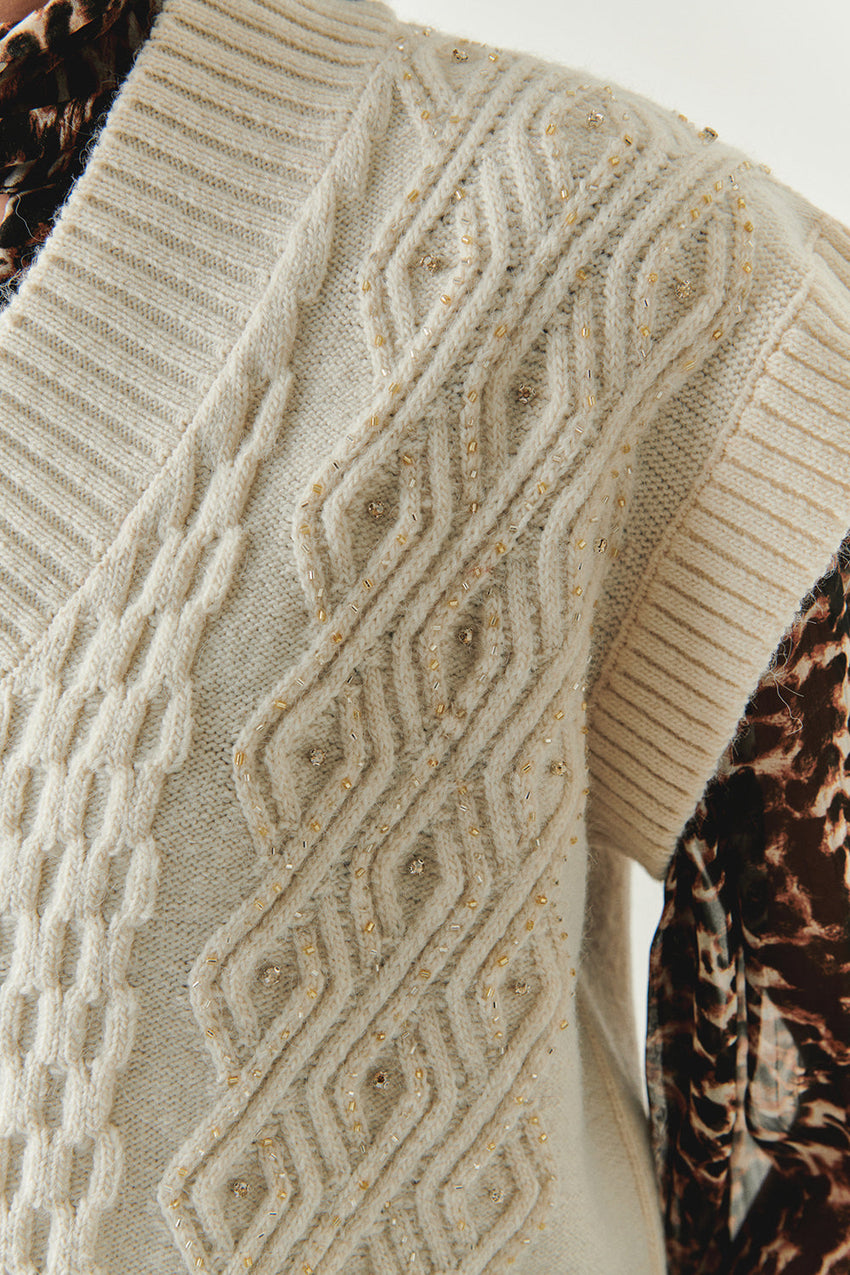 Adoria Cream V-Neck Cable Knit Sweater