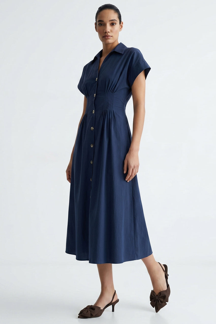 Shirt Collar Elastic Waist Pocket Midi Dress - NAVY BLUE