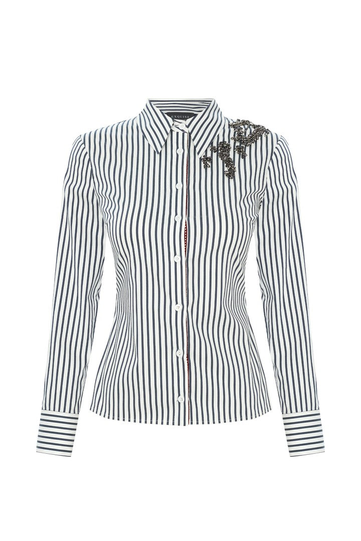 Slim Embroidered Fitted Waist Striped Shirt - Blue
