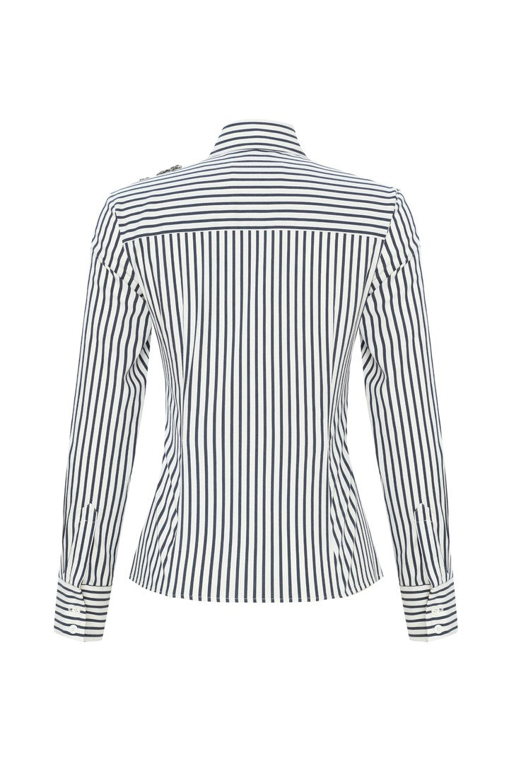 Slim Embroidered Fitted Waist Striped Shirt - Blue