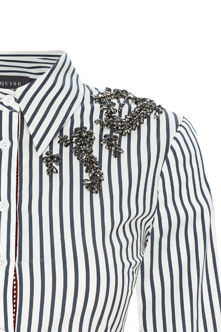 Slim Embroidered Fitted Waist Striped Shirt - Blue