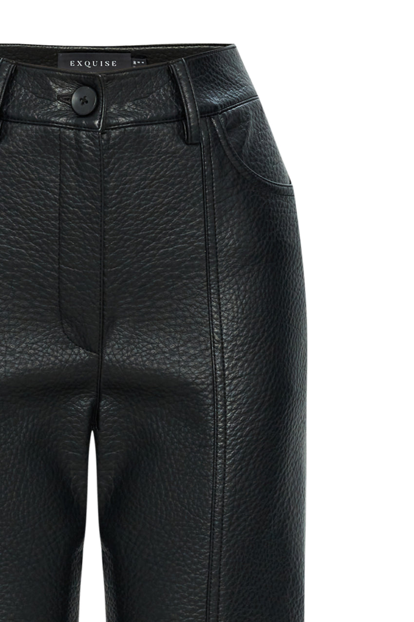 Regular Straight Cut Vegan Leather Pants - Black