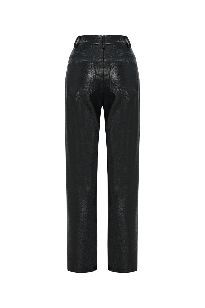 Regular Straight Cut Vegan Leather Pants - Black