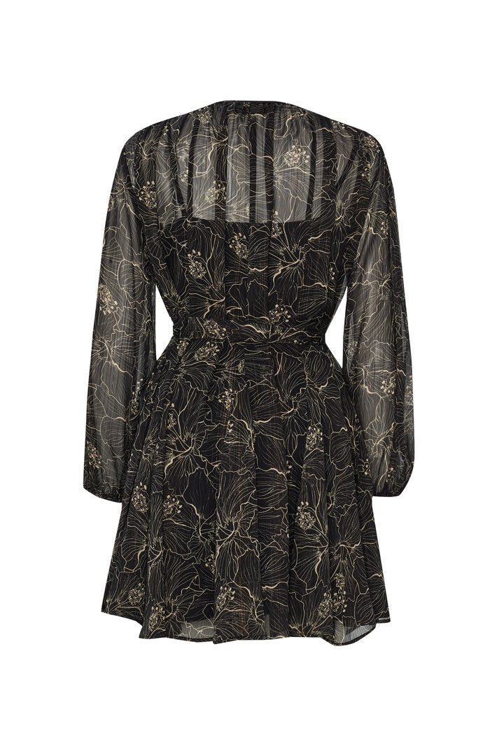 Regular Belted Waist Chiffon Mini Dress - Black