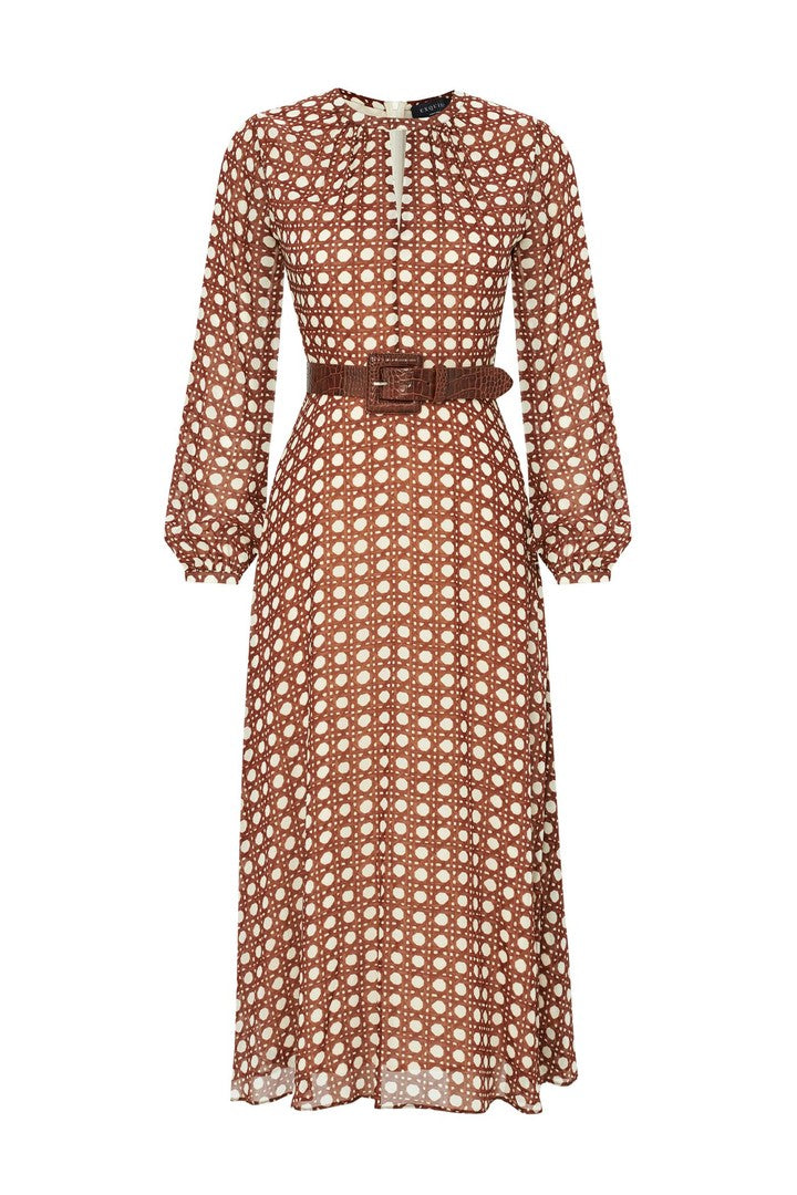Belted Basket Patterned Chiffon Midi Dress – BROWN