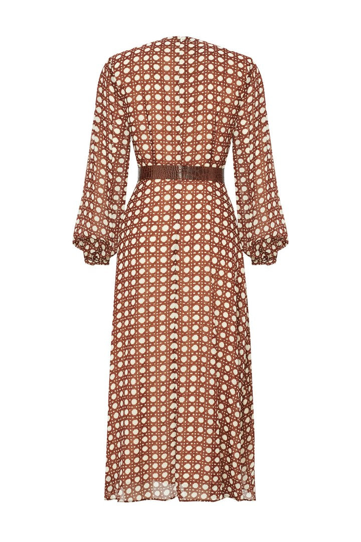Belted Basket Patterned Chiffon Midi Dress – BROWN