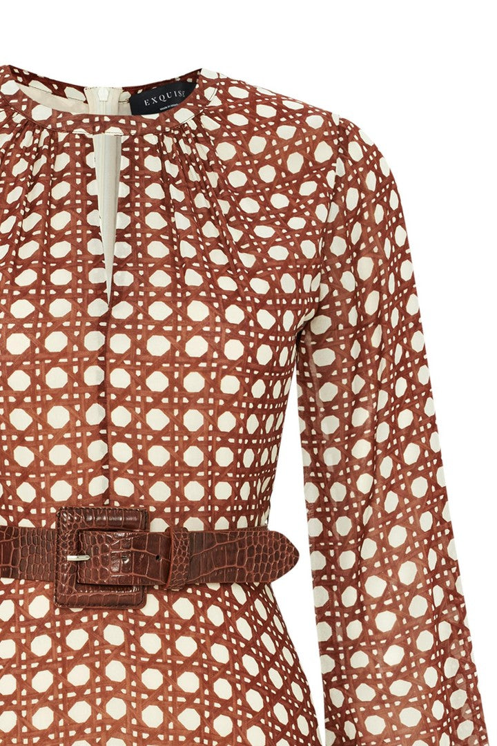 Belted Basket Patterned Chiffon Midi Dress – BROWN