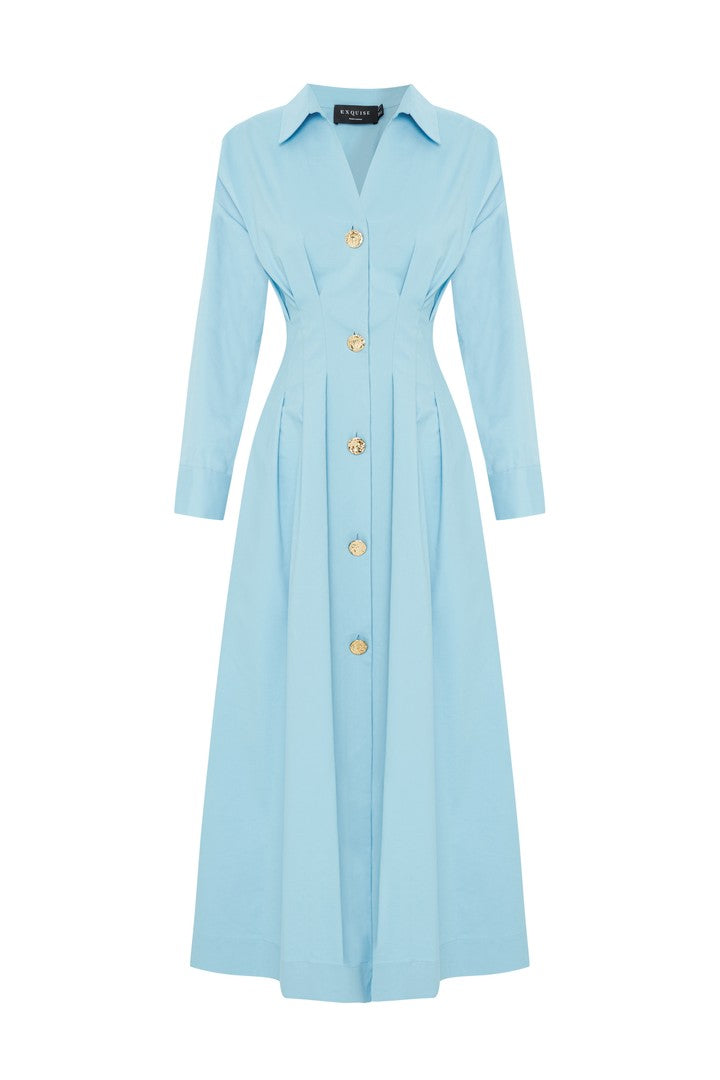 Slim Buttoned Cotton Midi Dress - Blue