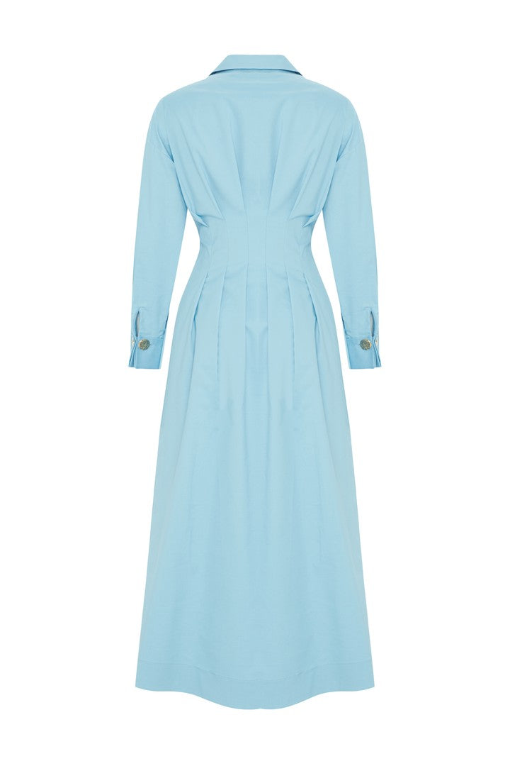 Slim Buttoned Cotton Midi Dress - Blue