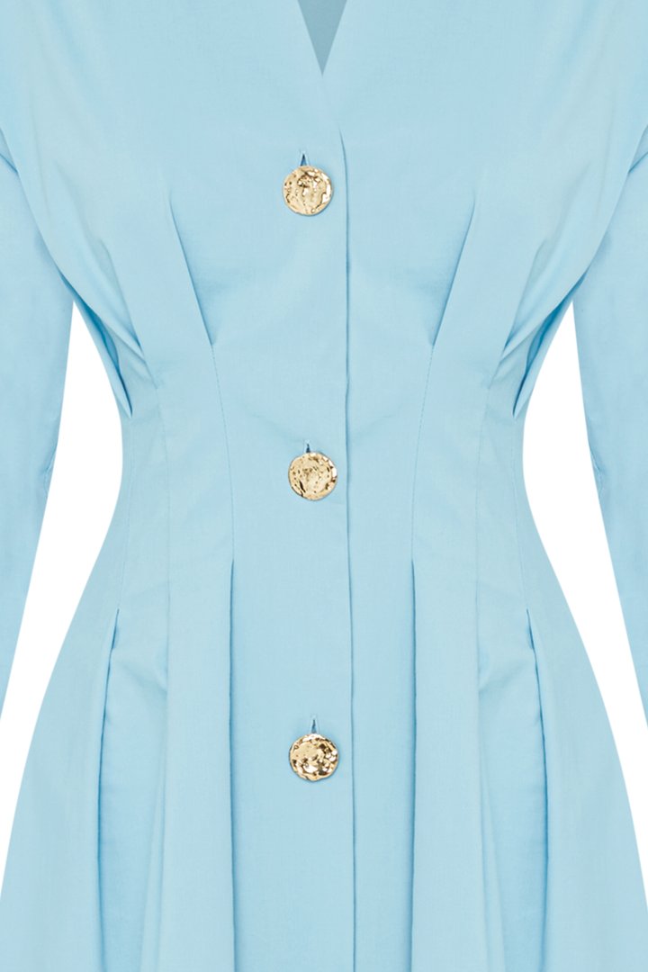 Slim Buttoned Cotton Midi Dress - Blue
