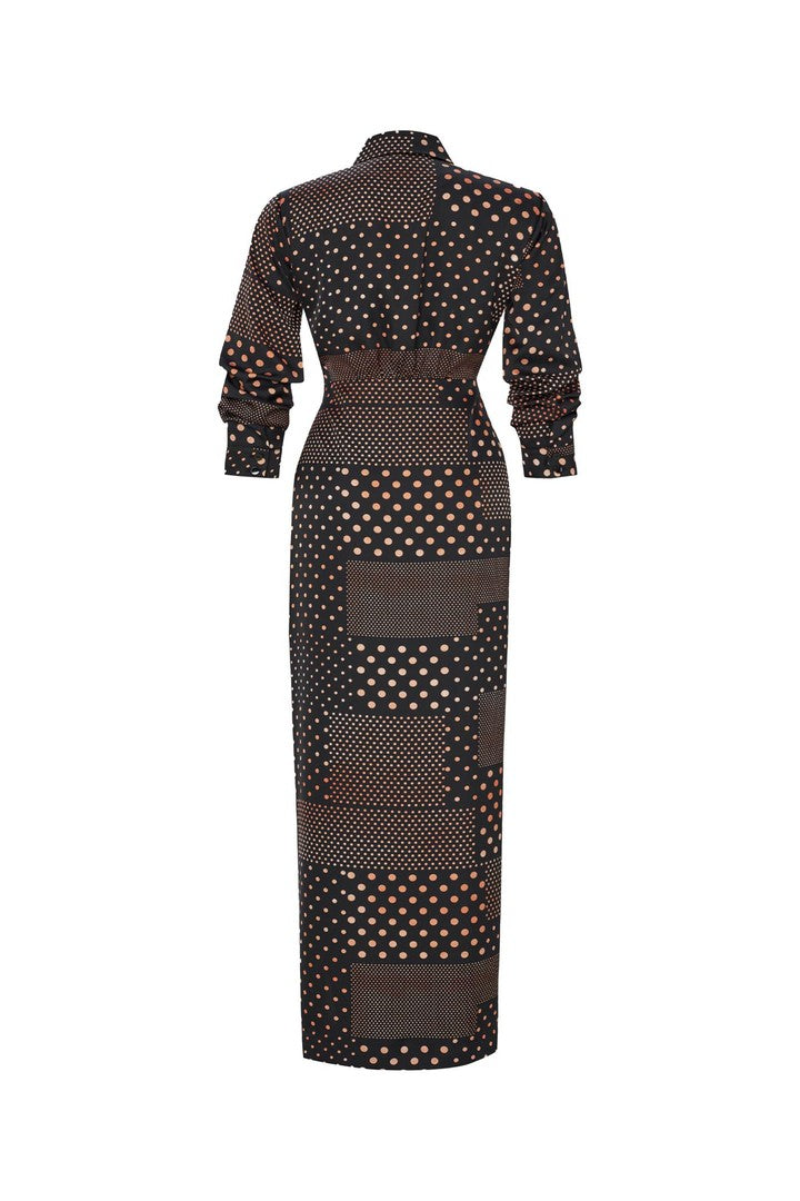 Regular Shirt Collar Polka Dot Maxi Dress - Black