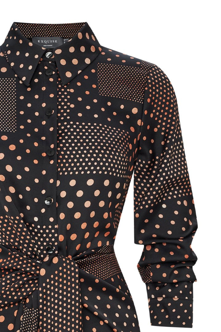 Regular Shirt Collar Polka Dot Maxi Dress - Black