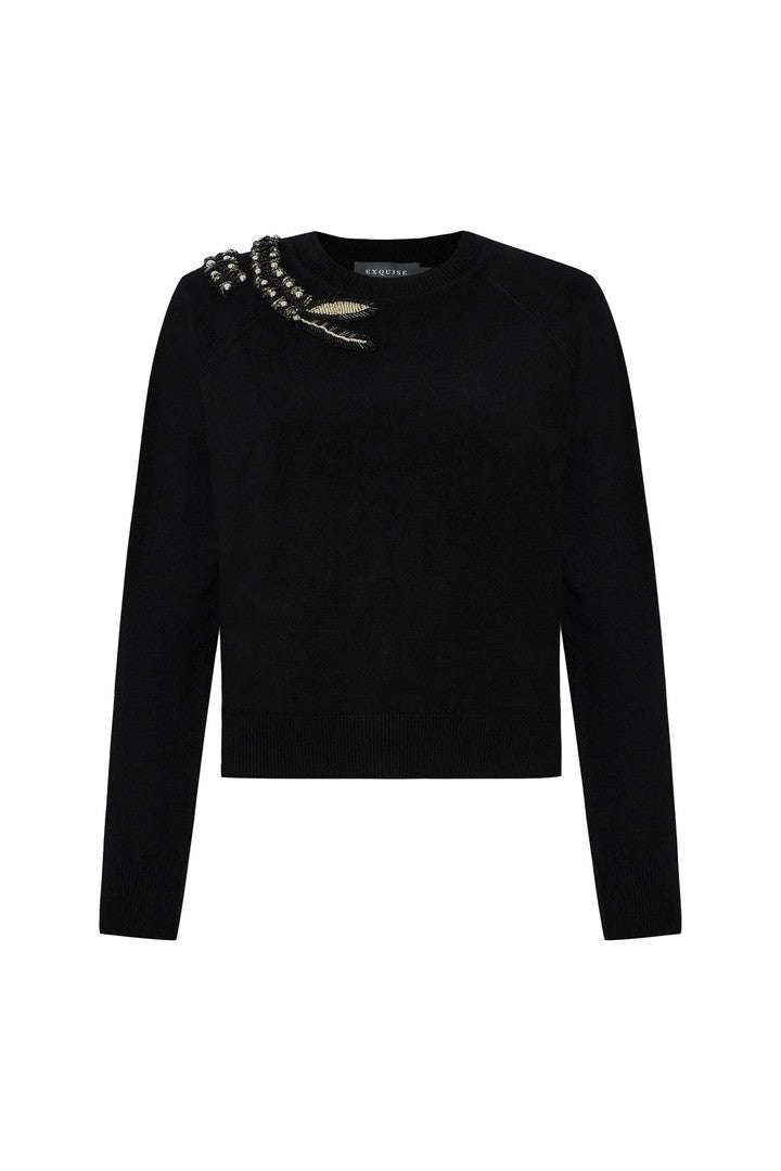 Regular Hand Embroidered Crew Neck Knit Blouse - Black