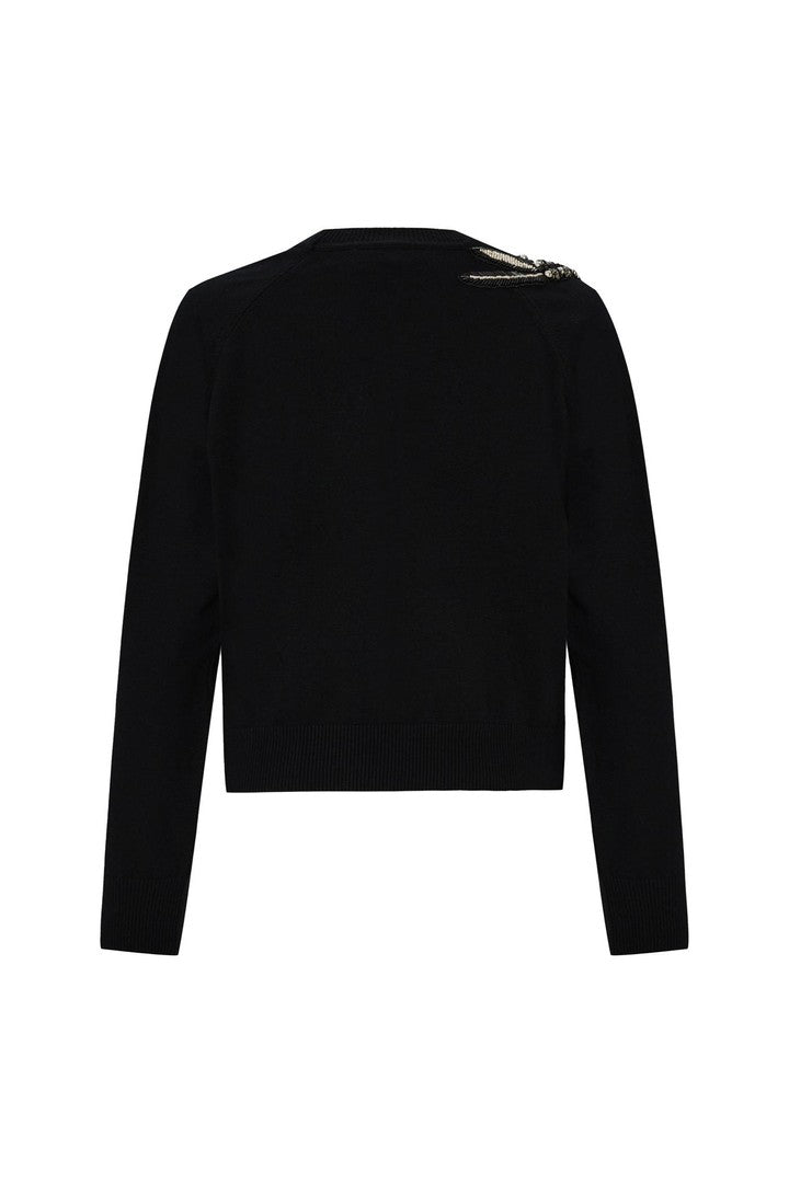 Regular Hand Embroidered Crew Neck Knit Blouse - Black