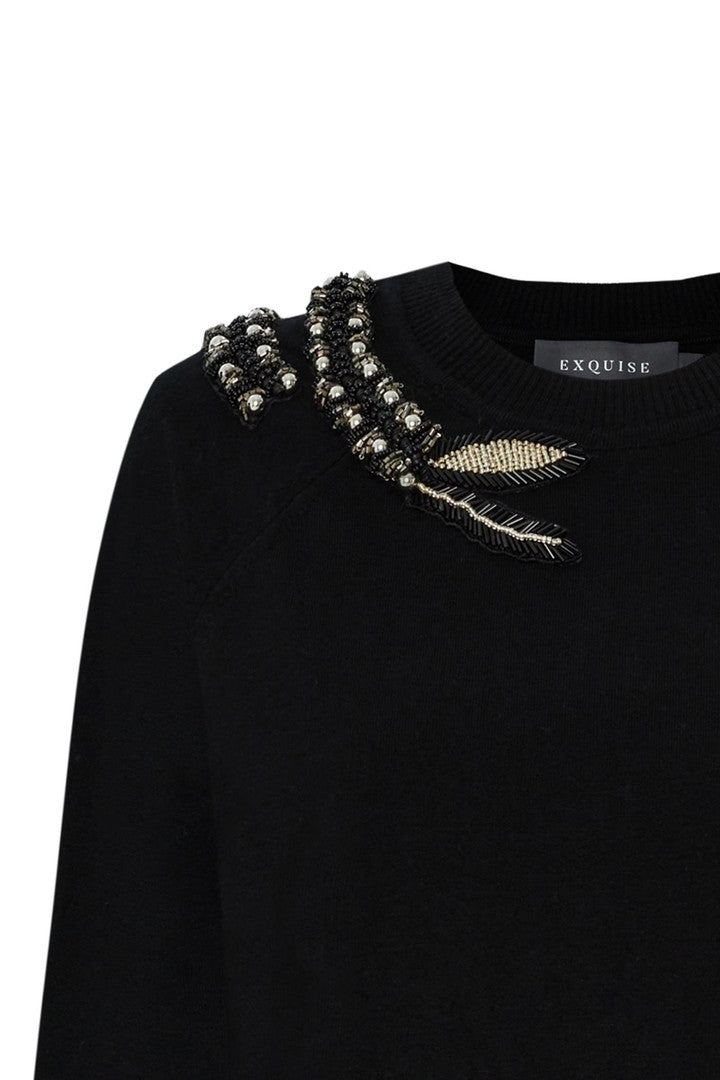 Regular Hand Embroidered Crew Neck Knit Blouse - Black