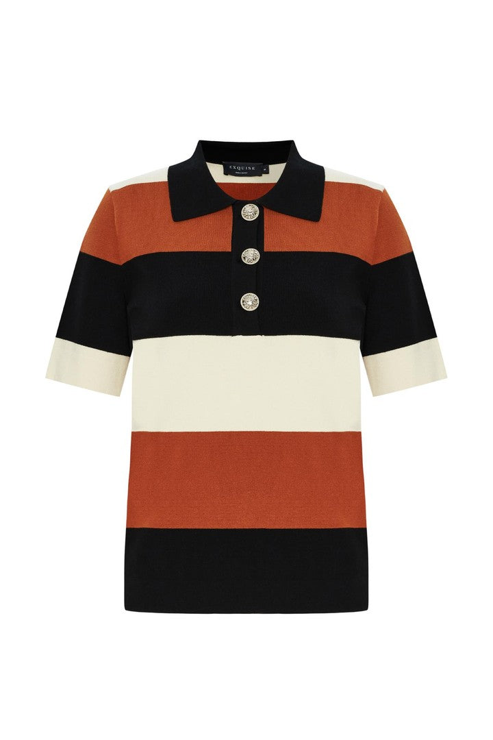 Aidanne K.Blouse  Polo Collar Striped Knit Blouse - Multi Color