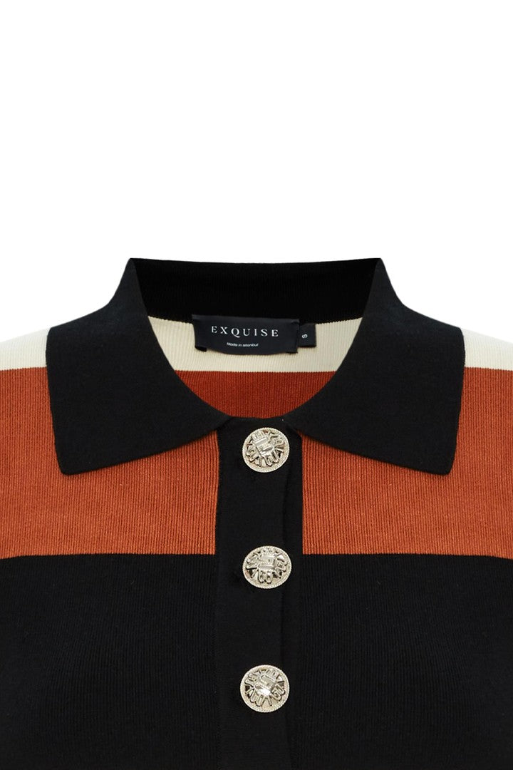 Aidanne K.Blouse  Polo Collar Striped Knit Blouse - Multi Color
