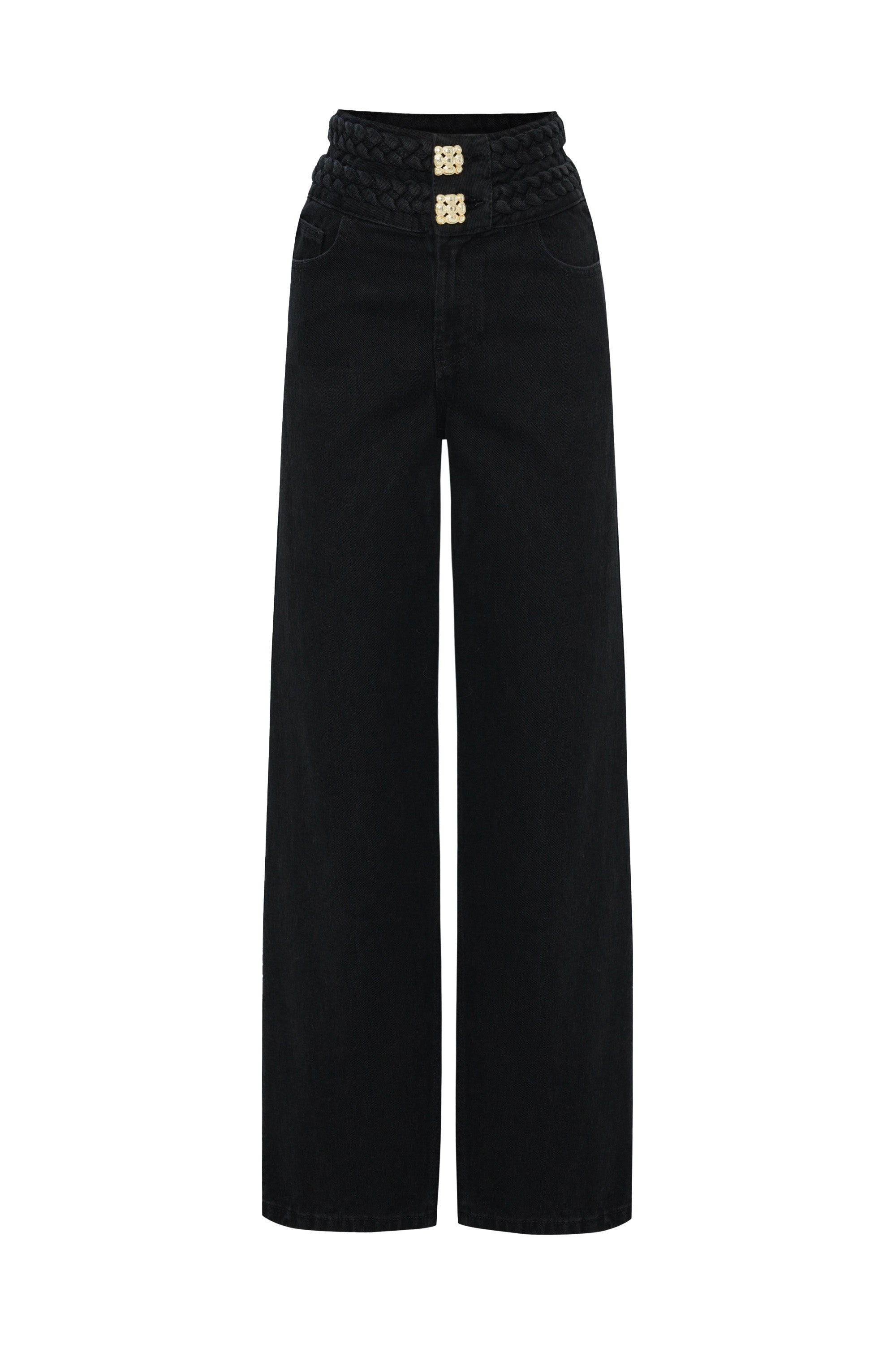 Regular Belted Wide Leg Denim Pants - Black