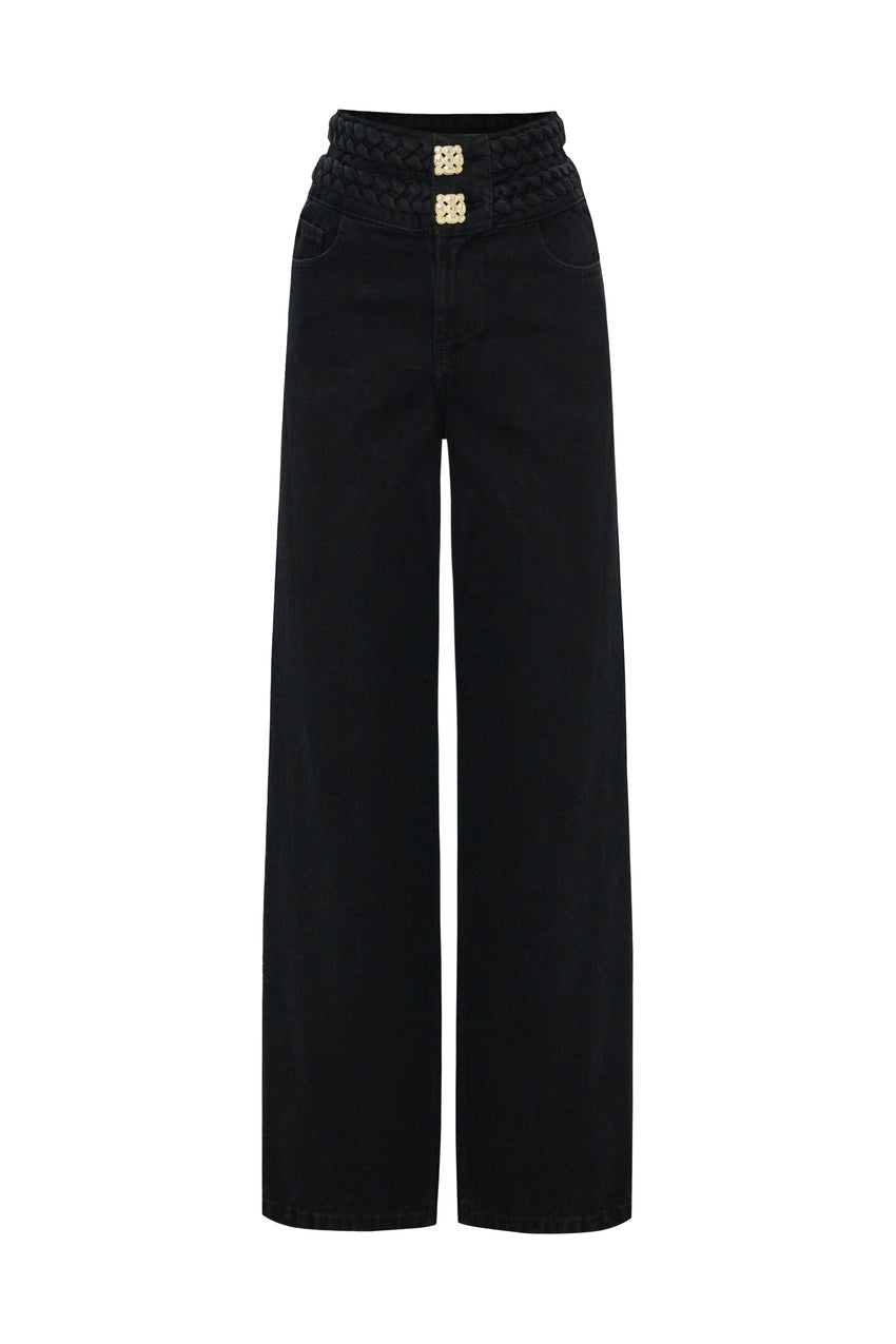 Regular Belted Wide Leg Denim Pants - Black